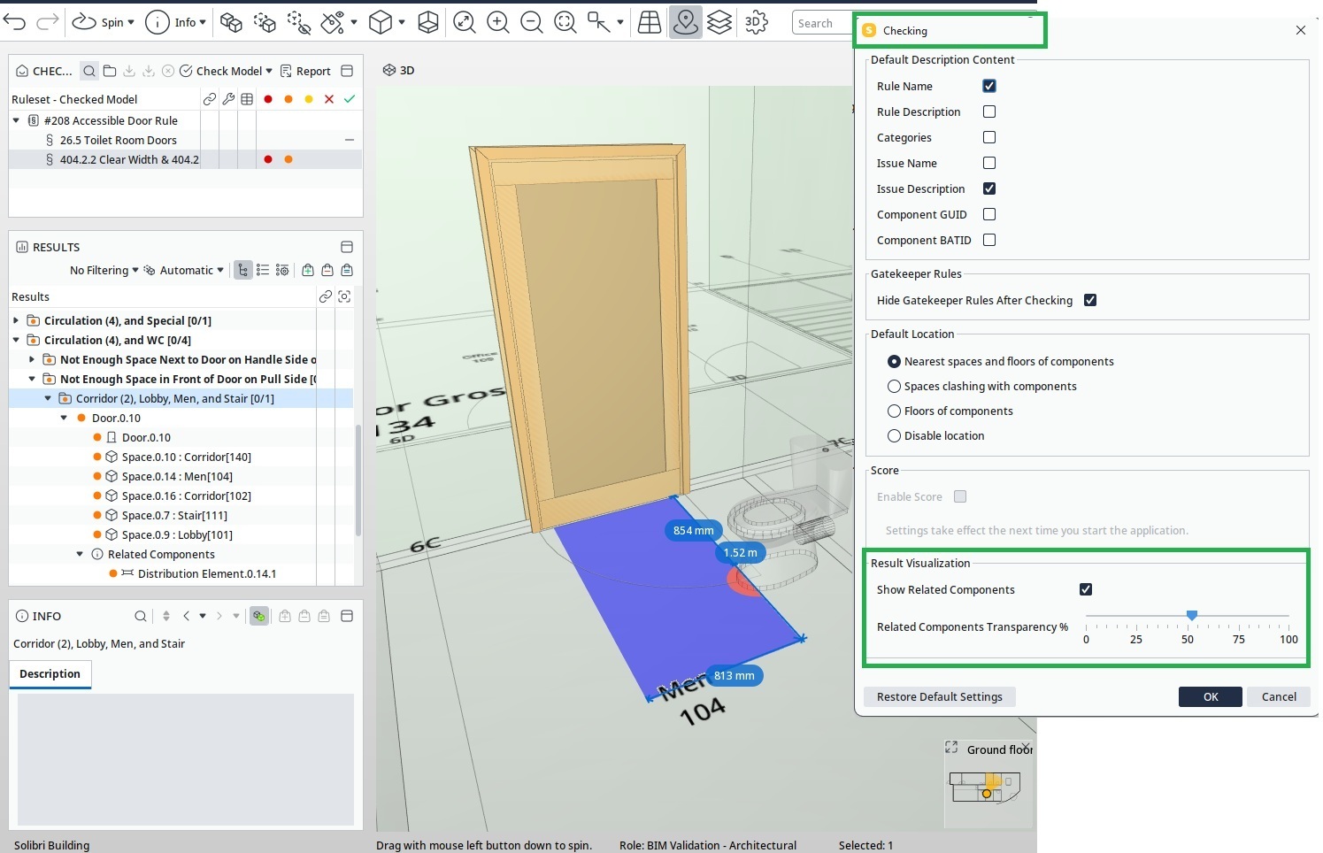 Solibri 3D view showing related components with transparency in an Accessible Door rule result.