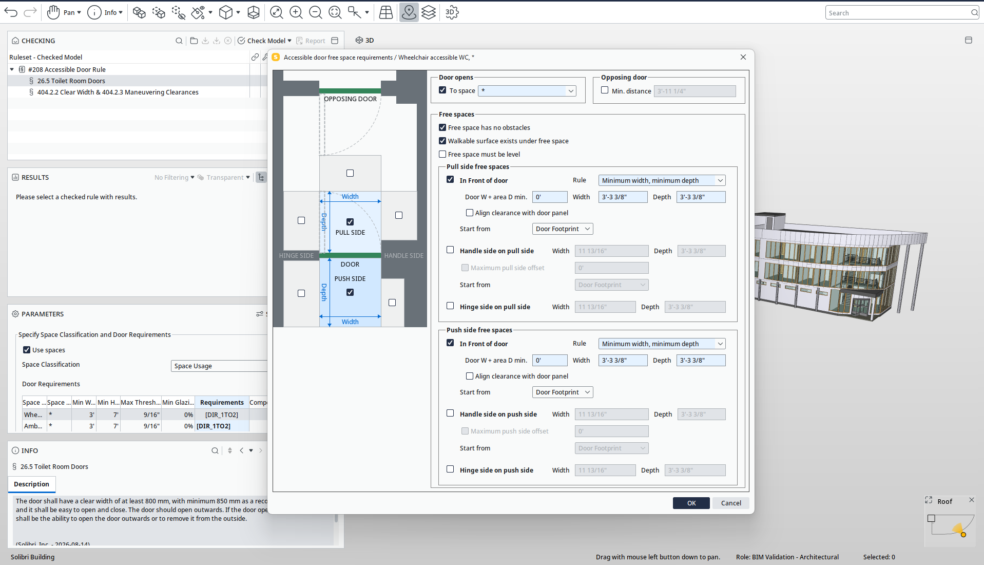 Solibri Accessible Door Rule visualization showing updated front and back clearance areas aligned with the door panel.