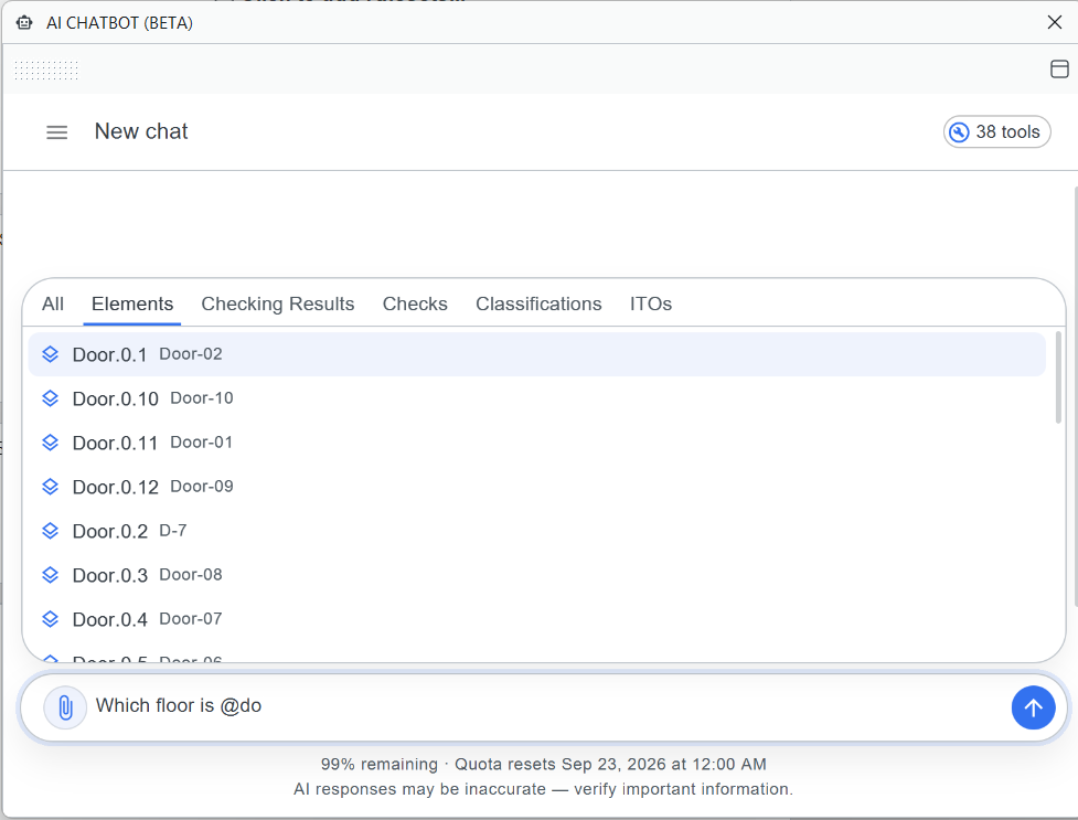 Solibri AI Assistant showing the at-lookup menu for adding model and project context to a conversation.