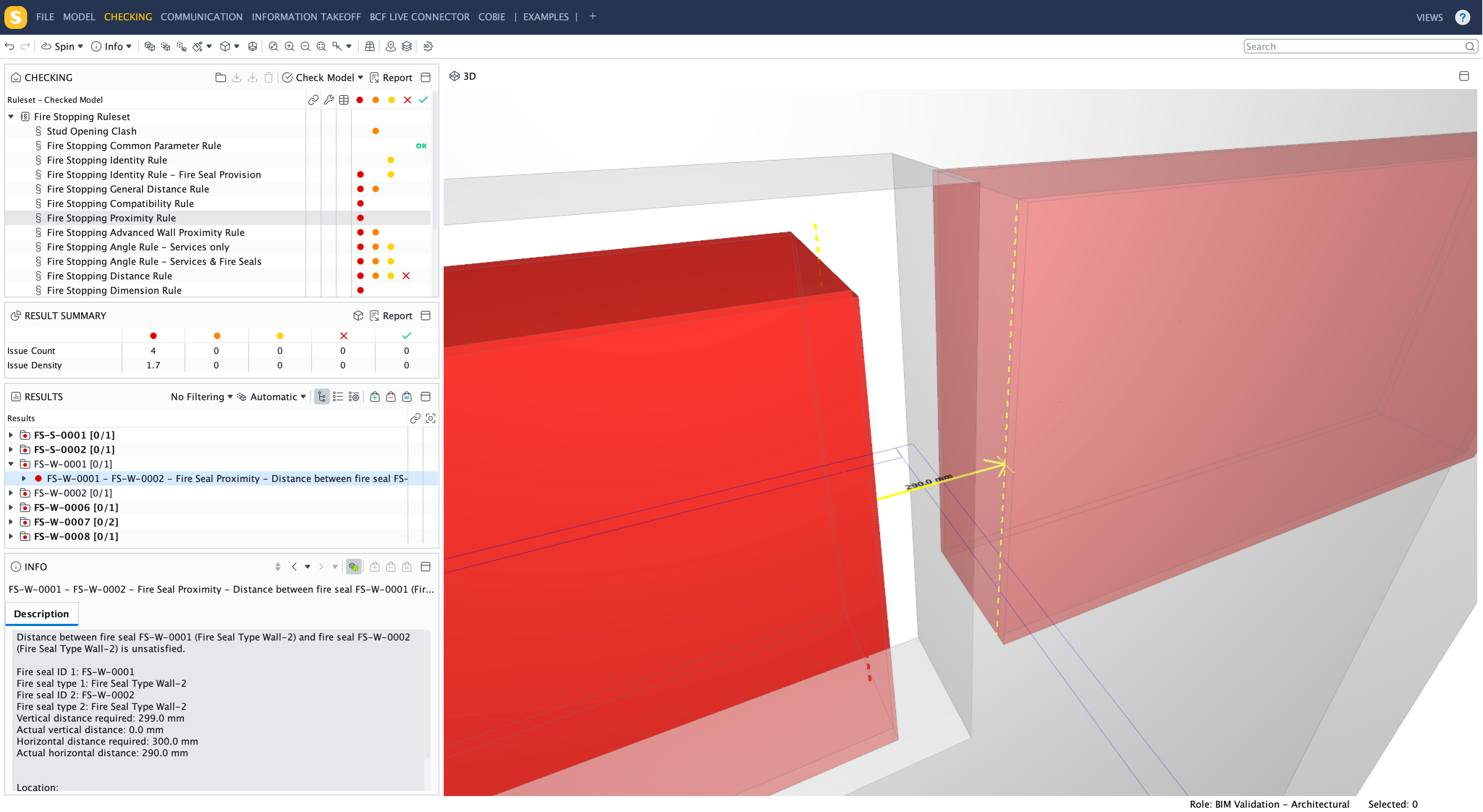 Solibri showing fire safety proximity check in a BIM model