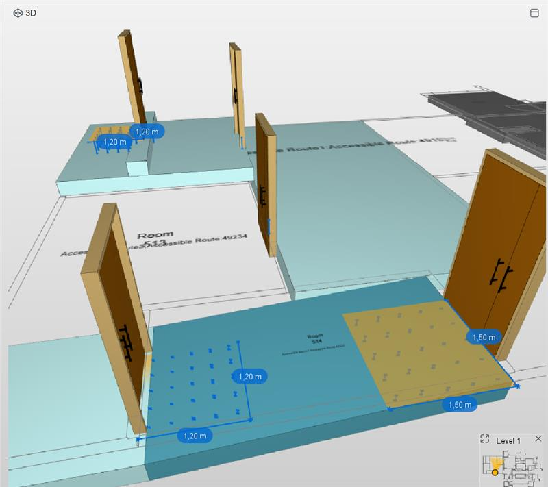 Solibri Accessible Door rule visualization showing a level free-space check at a doorway.