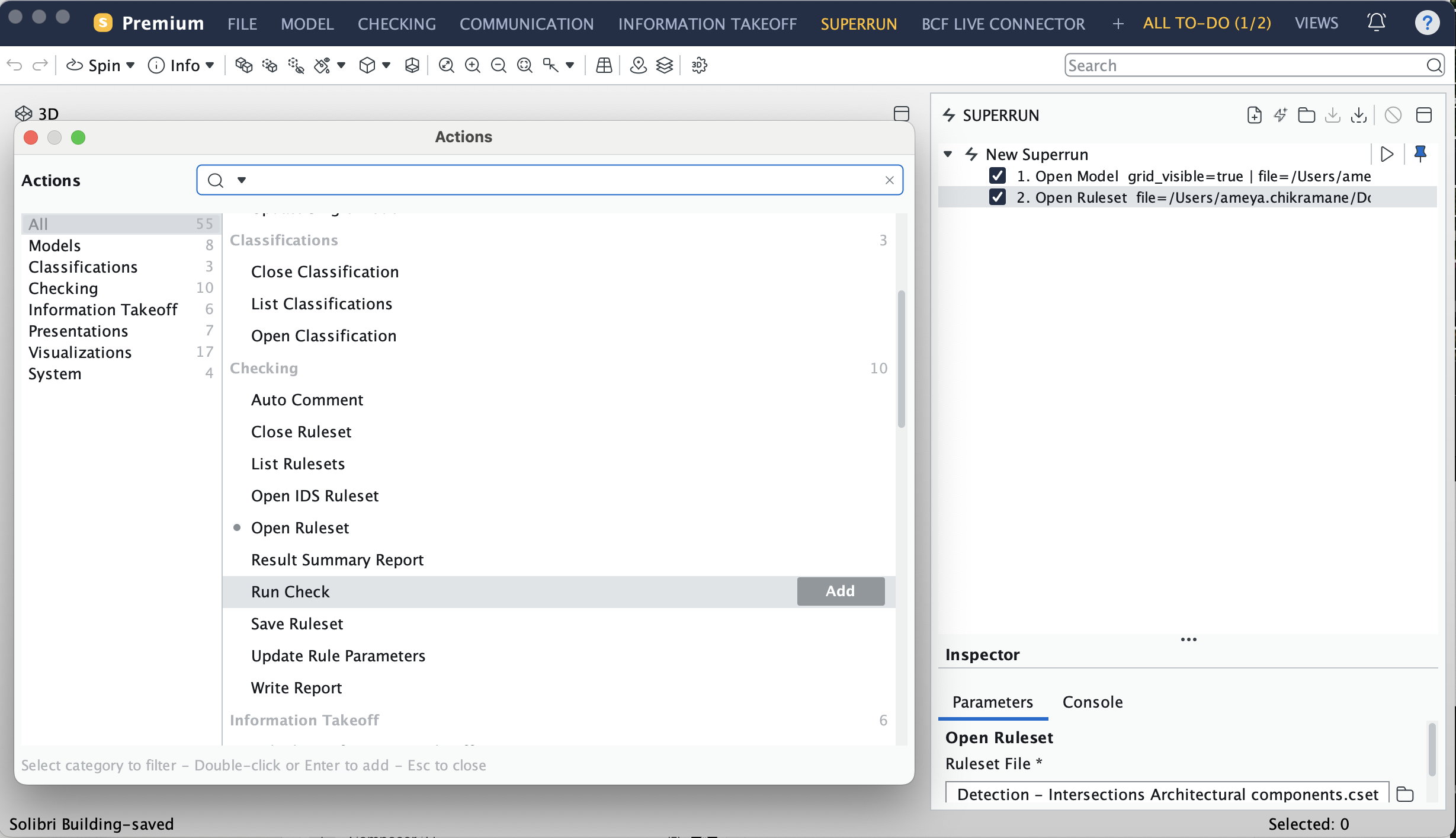 Solibri Superrun interface showing the Actions library and a workflow with Open Model and Open Ruleset steps.