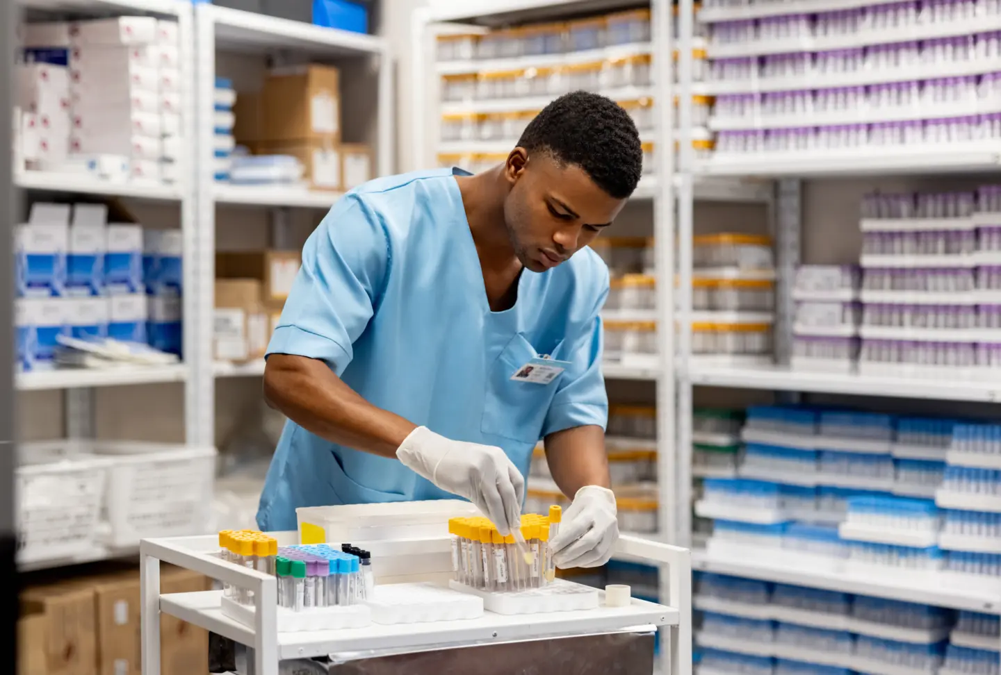 African American nurse working at the laboratory organizing test tubes - healthcare and medicine concepts