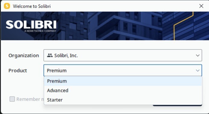 Solibri product selector showing the products available to the user at login.