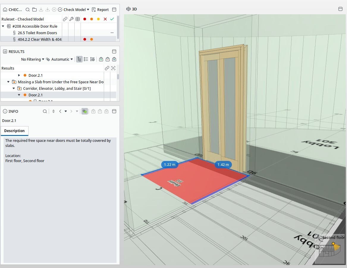 Solibri Accessible Door rule visualization showing missing walkable surface areas highlighted in red.