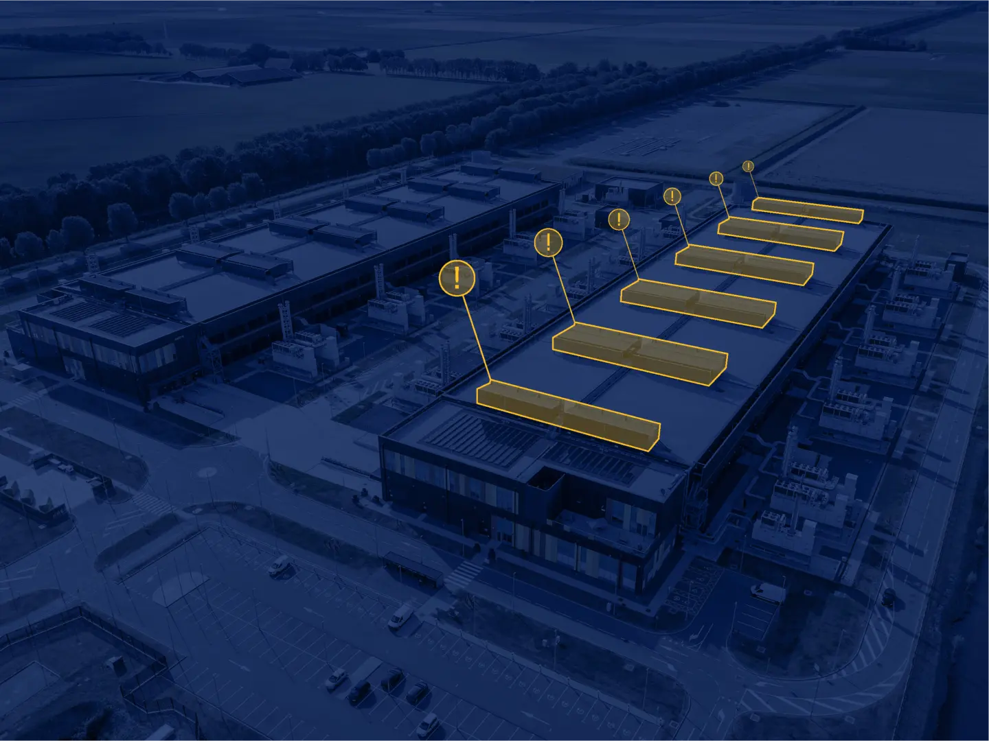 Aerial view of a data center campus with highlighted rooftop systems and issue markers, representing Solibri BIM validation for coordinated hyperscale construction.