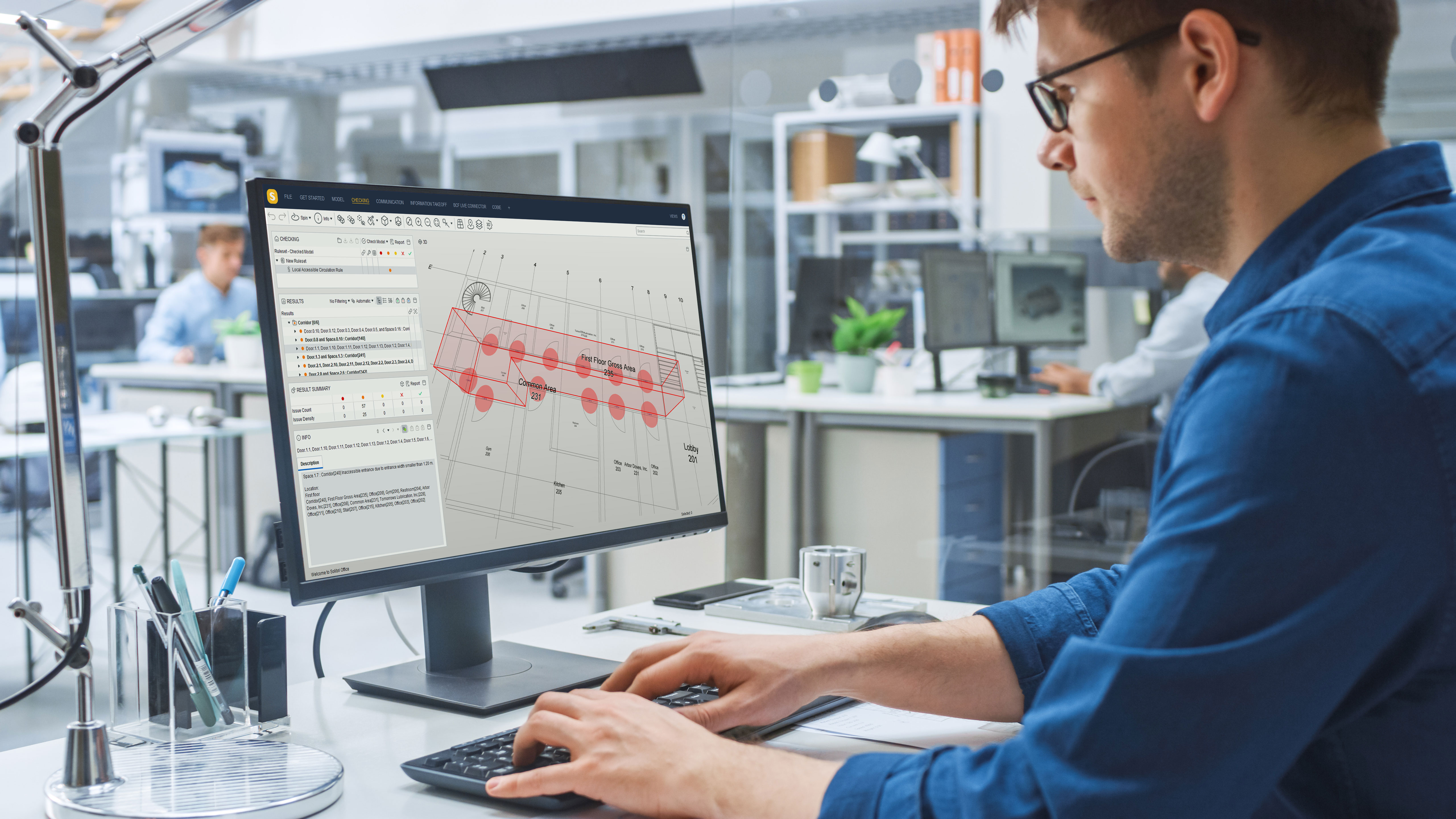 Solibri UI showing BIM model with data validation check in progress.